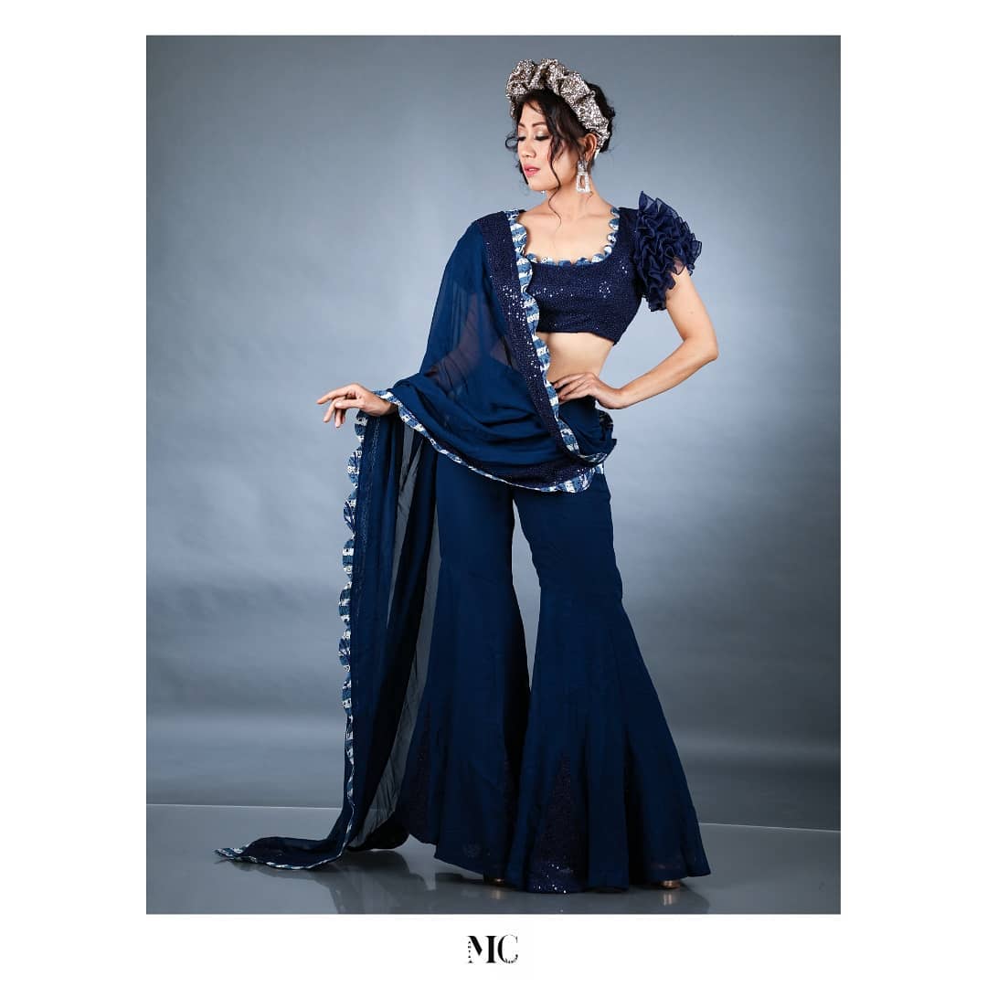 Midnight blue drape sharara saree set