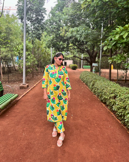 designer print green and yellow co ord set