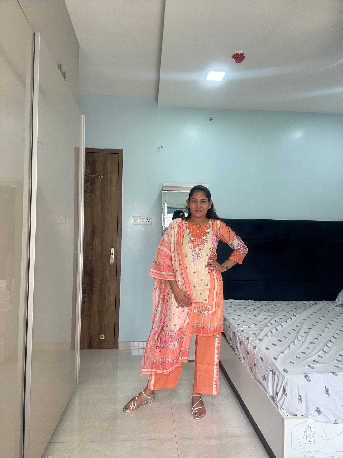Peach Blossom Embroidered Kurta Set
