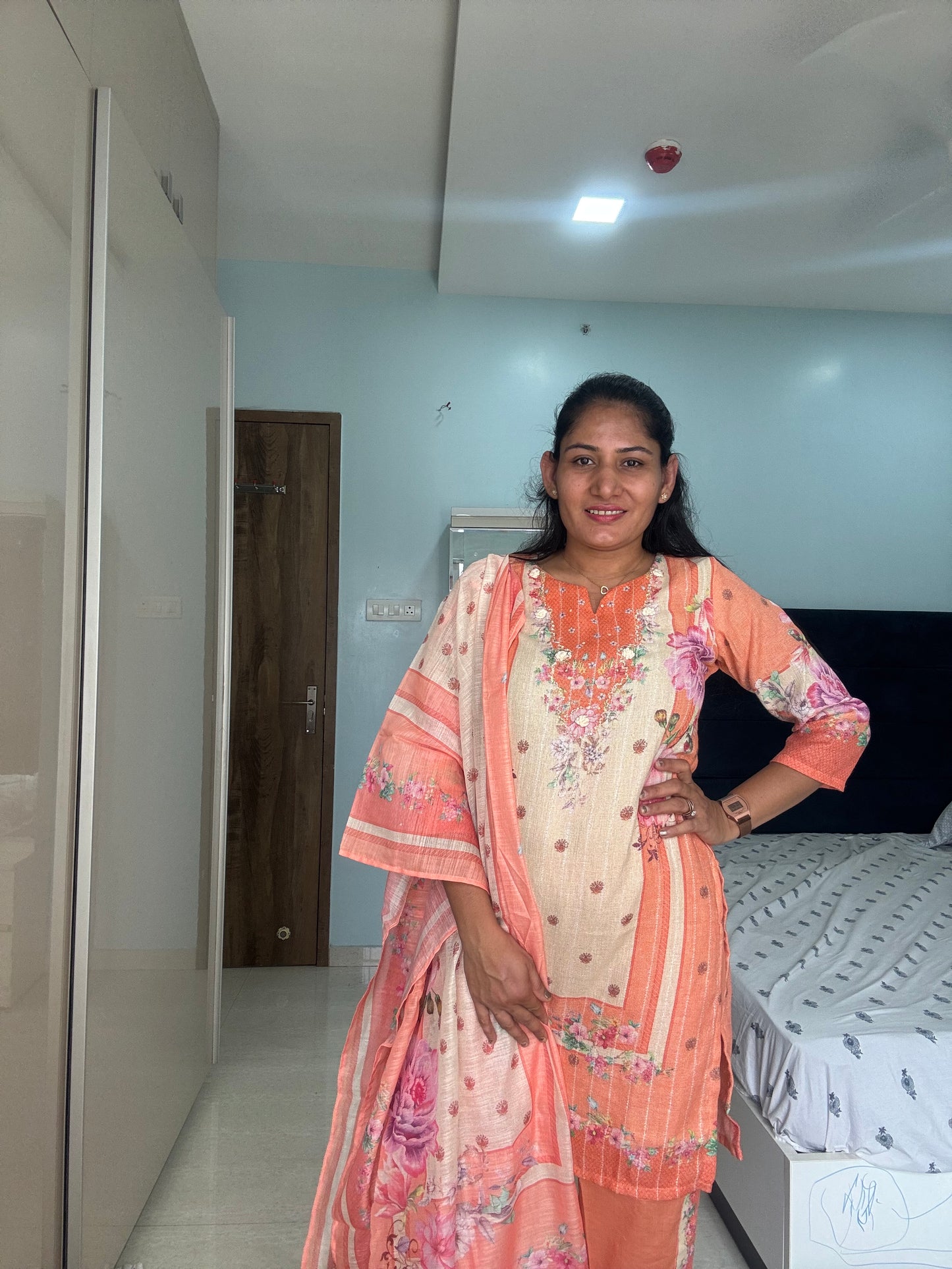 Peach Blossom Embroidered Kurta Set