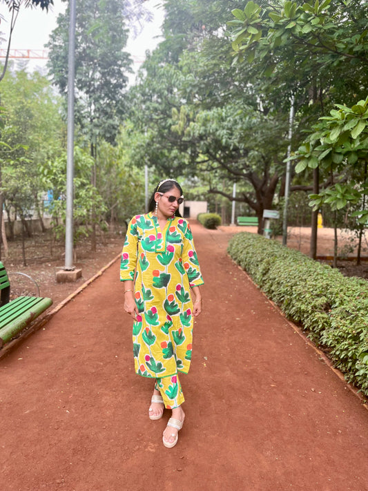 designer print green and yellow co ord set