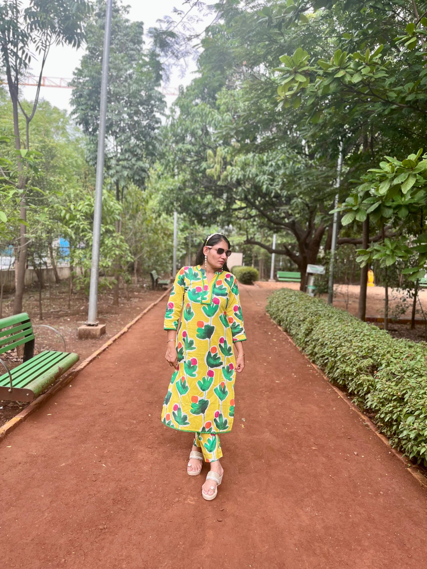 designer print green and yellow co ord set