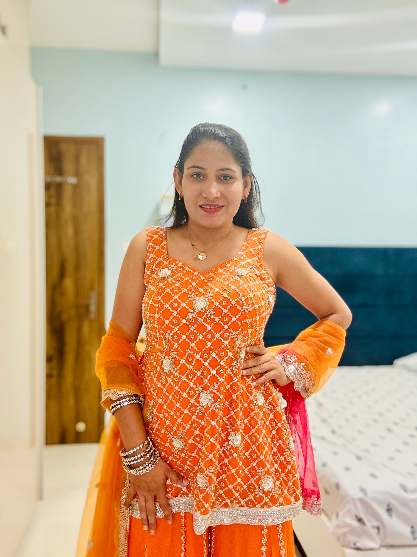 hand work glassbead Embellished Orange Sharara with Ombre Dupatta