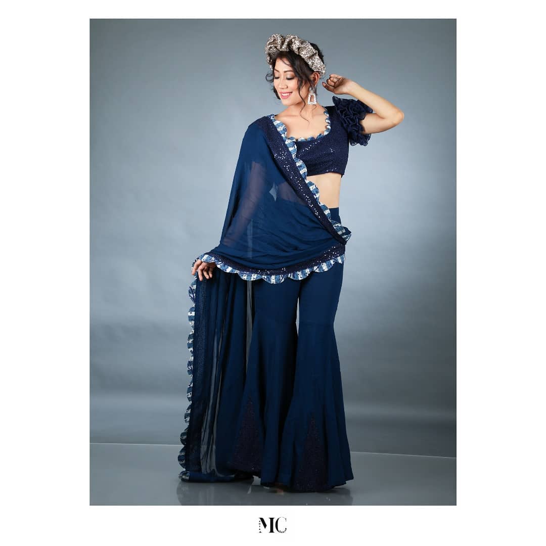Midnight blue drape sharara saree set