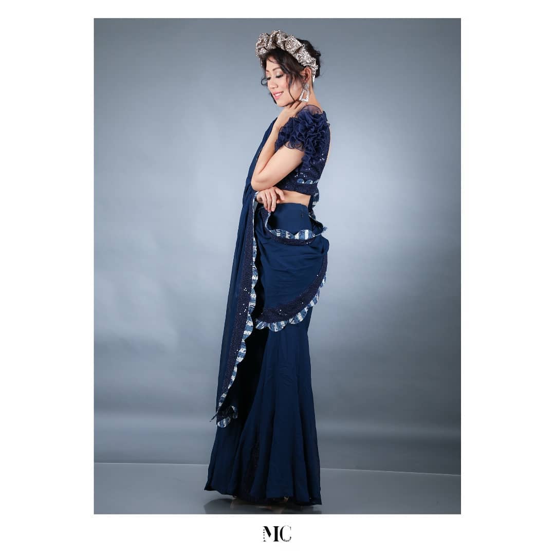 Midnight blue drape sharara saree set