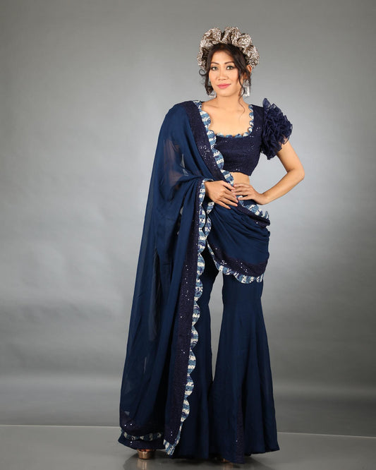 Midnight blue drape sharara saree set