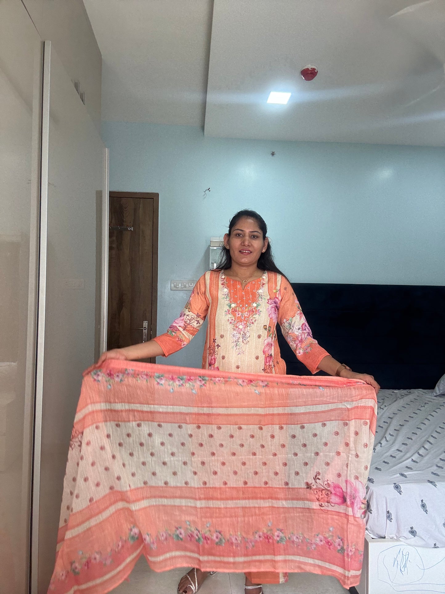 Peach Blossom Embroidered Kurta Set