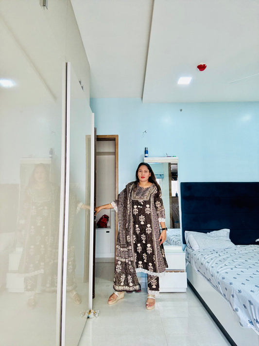 Mystic Brown Handblock-Style Ethnic Suit Ensemble