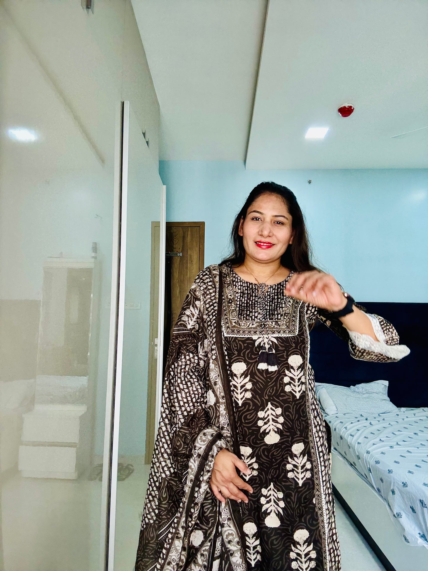 Mystic Brown Handblock-Style Ethnic Suit Ensemble