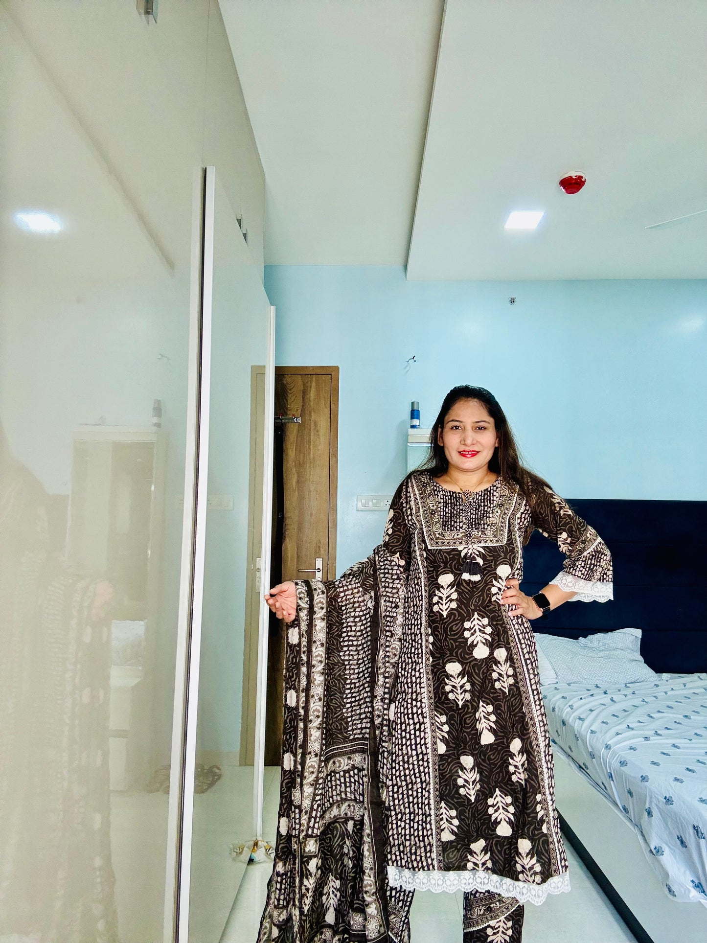 Mystic Brown Handblock-Style Ethnic Suit Ensemble