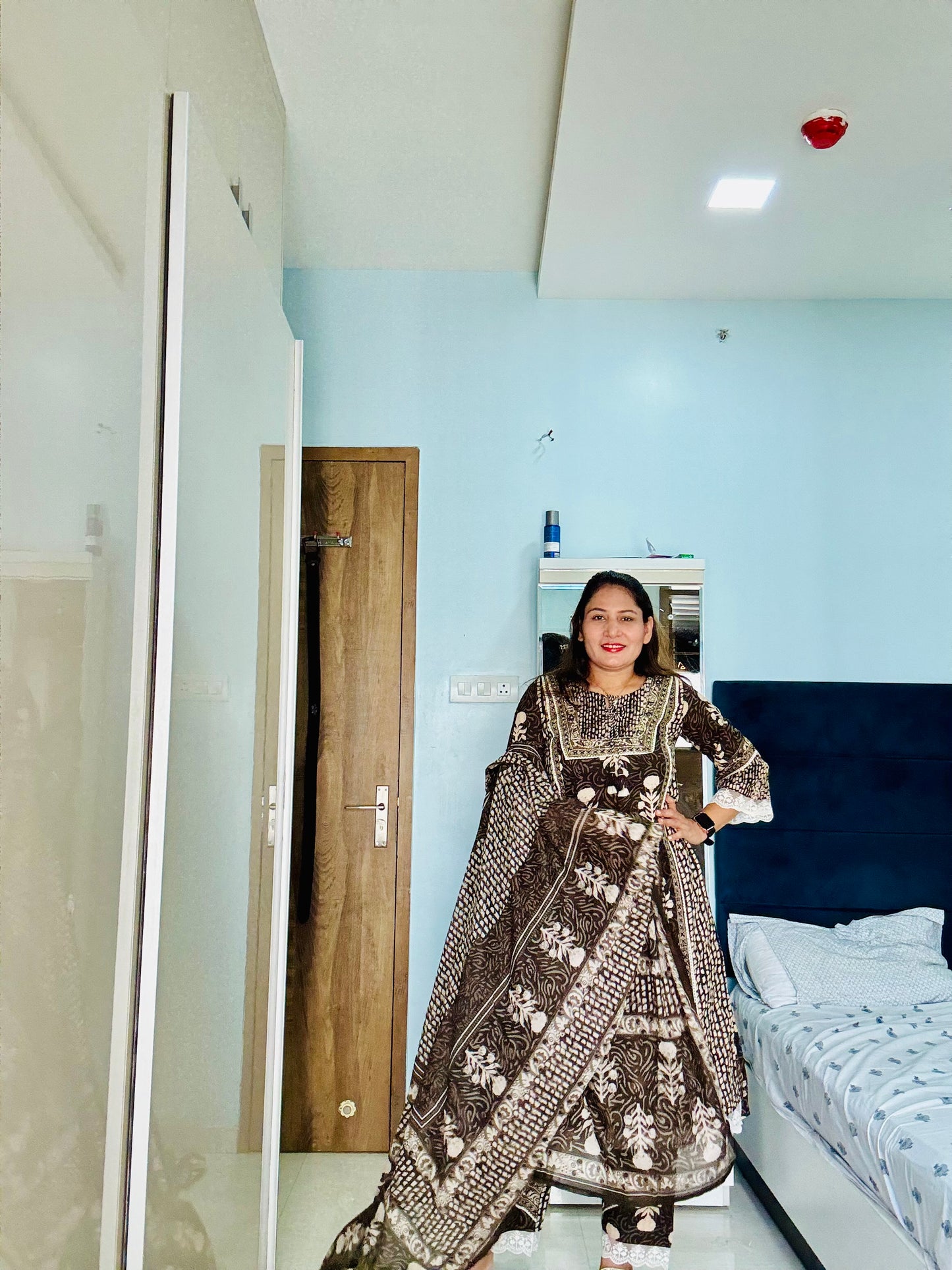 Mystic Brown Handblock-Style Ethnic Suit Ensemble