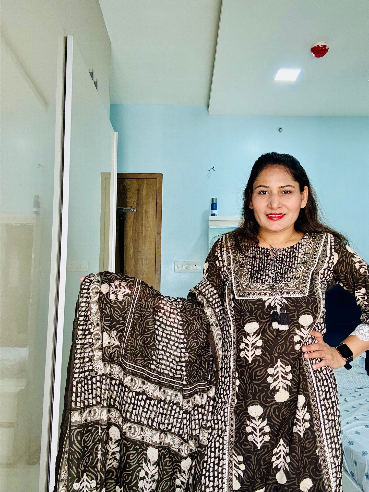 Mystic Brown Handblock-Style Ethnic Suit Ensemble