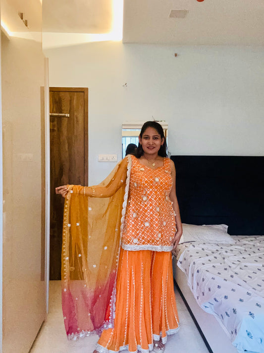 hand work glassbead Embellished Orange Sharara with Ombre Dupatta