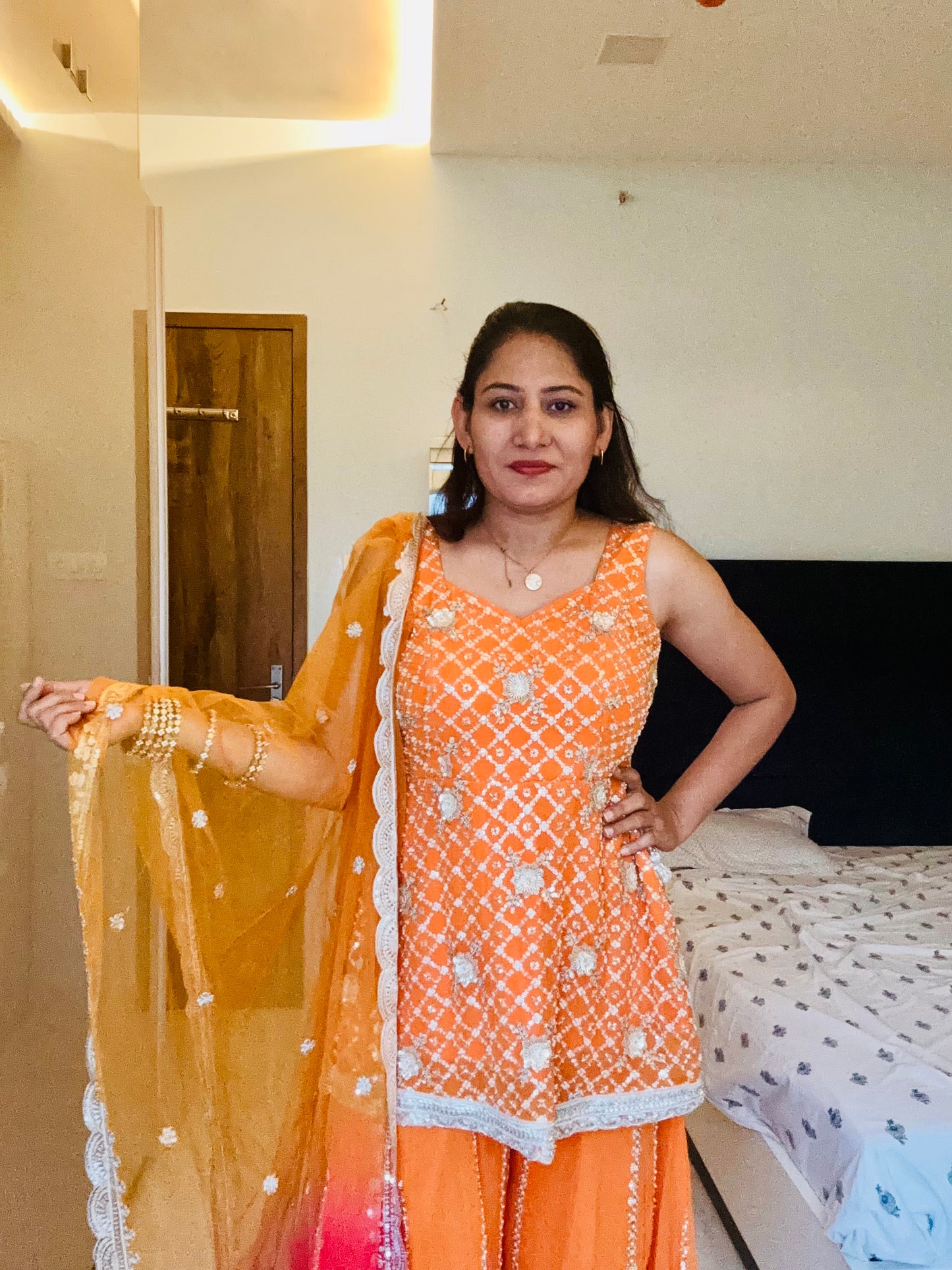 hand work glassbead Embellished Orange Sharara with Ombre Dupatta