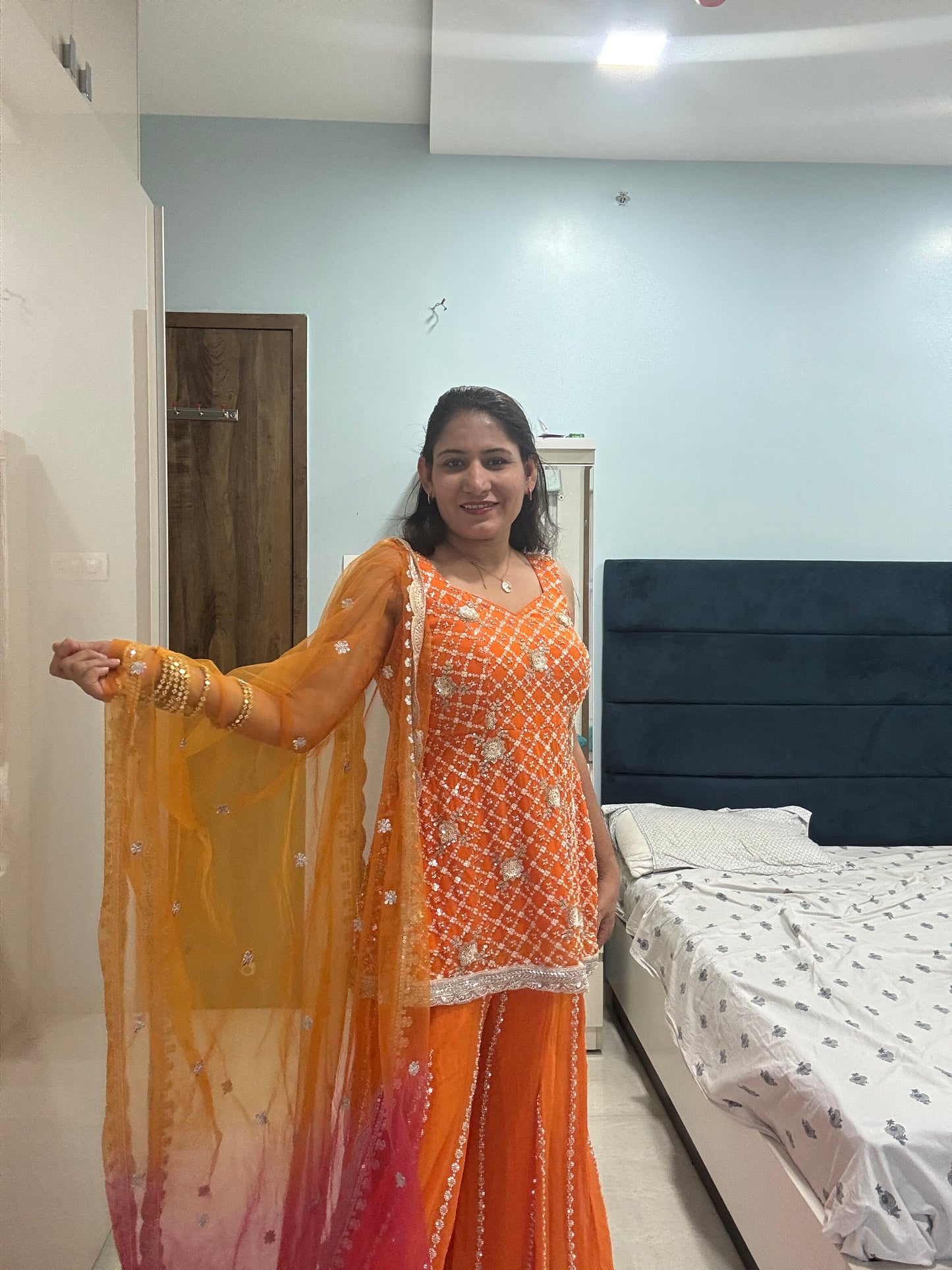 hand work glassbead Embellished Orange Sharara with Ombre Dupatta