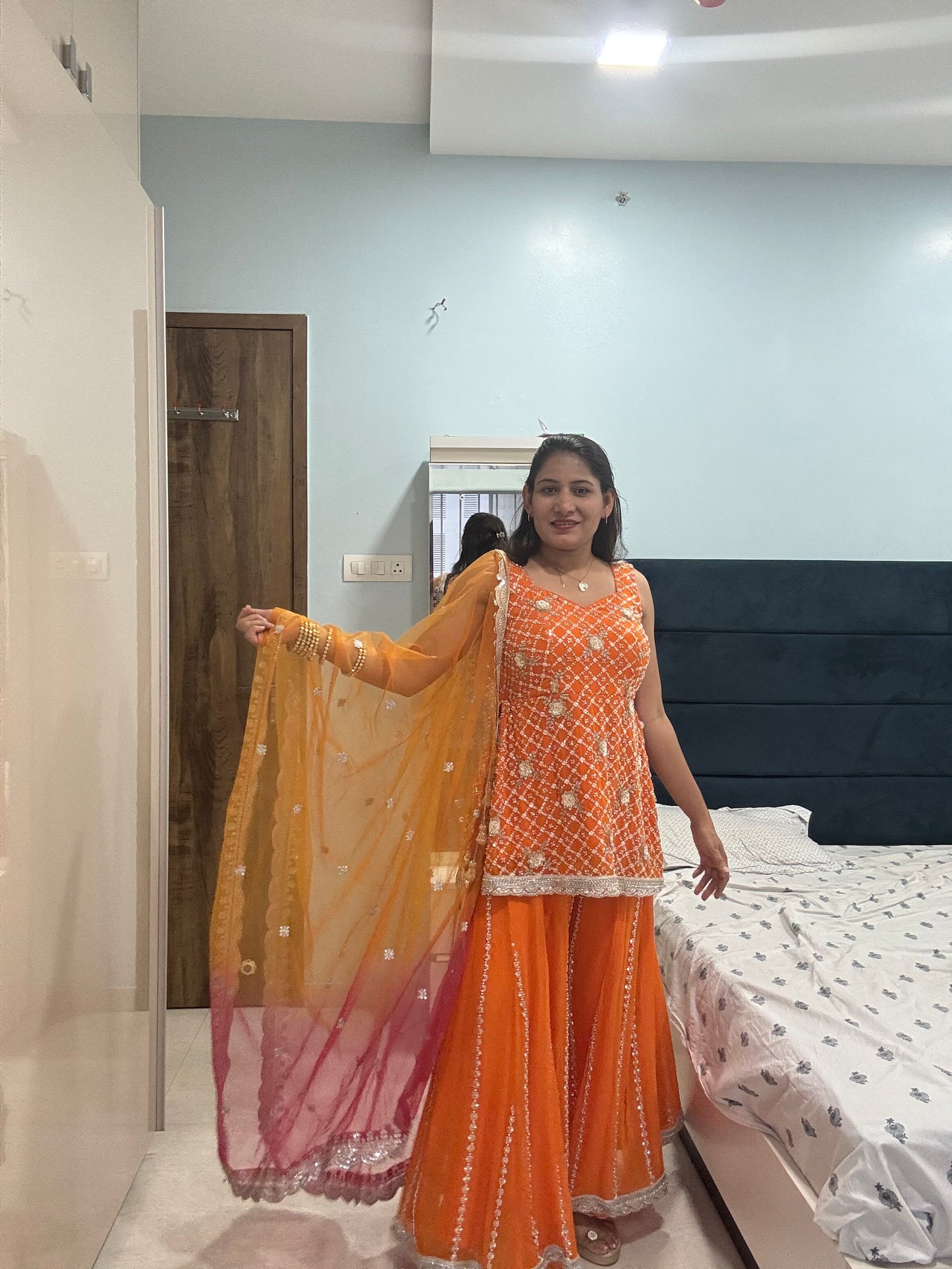 hand work glassbead Embellished Orange Sharara with Ombre Dupatta