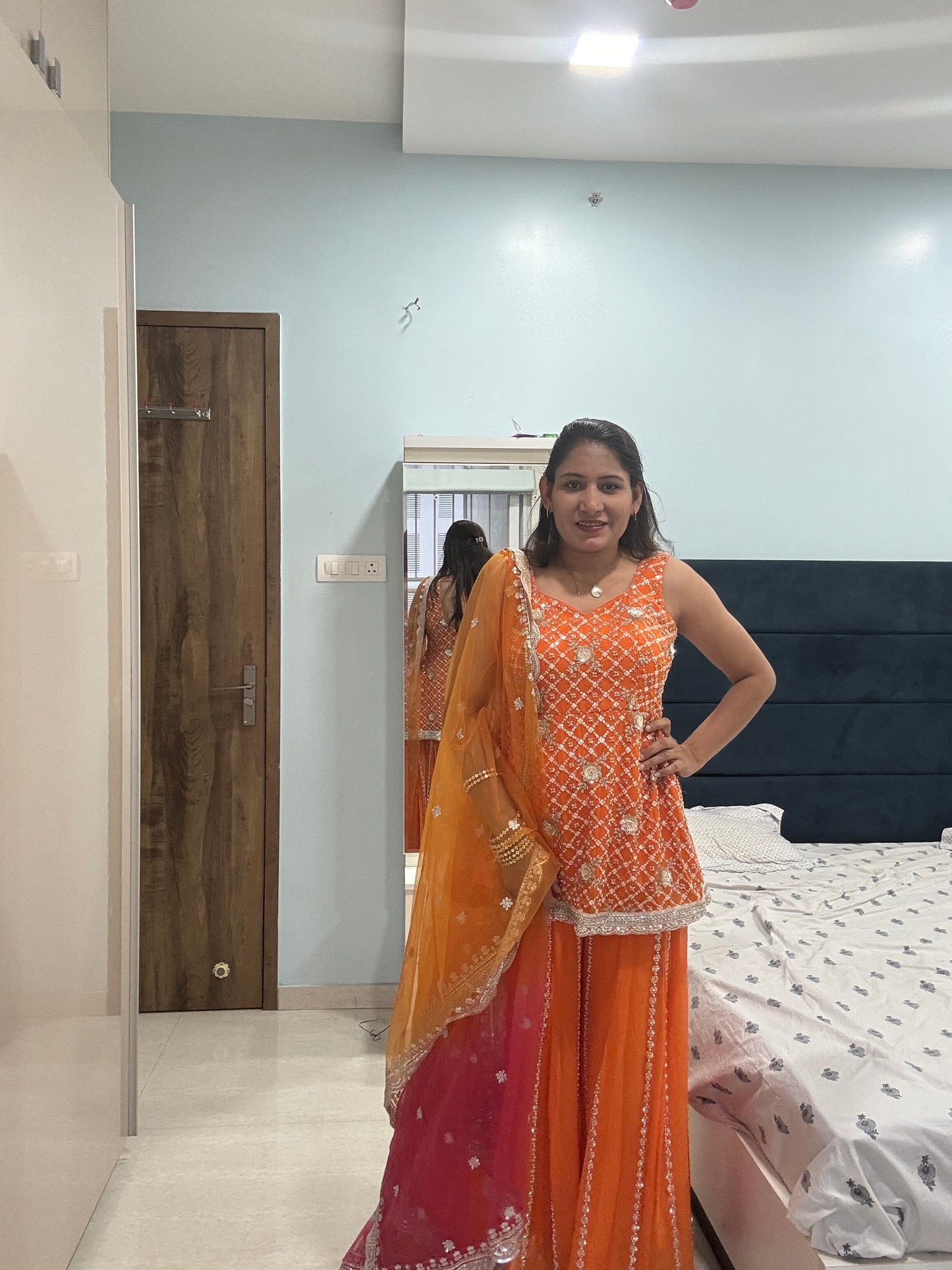 hand work glassbead Embellished Orange Sharara with Ombre Dupatta