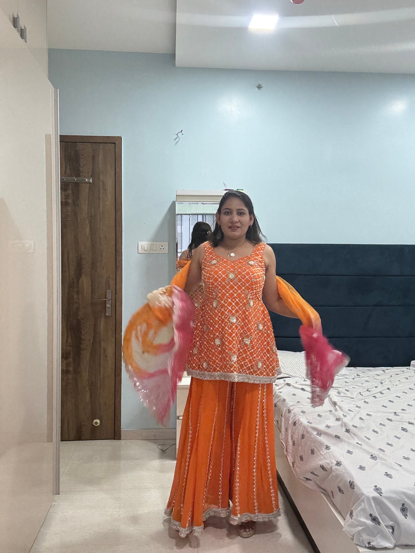 hand work glassbead Embellished Orange Sharara with Ombre Dupatta